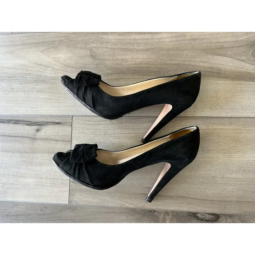 Prada Black Suede Open Toe Bow Pump All new Vibram Soles & Heel Taps Size 38-1/2 - Picture 9 of 12